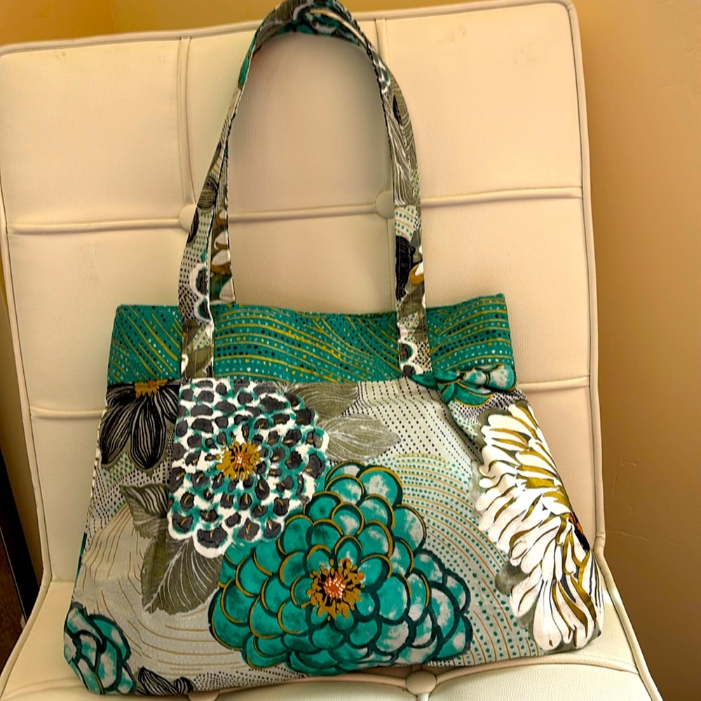 Handmade bag from artisan show-never used. Teal/Gold/Brown.Dimensions in photos.